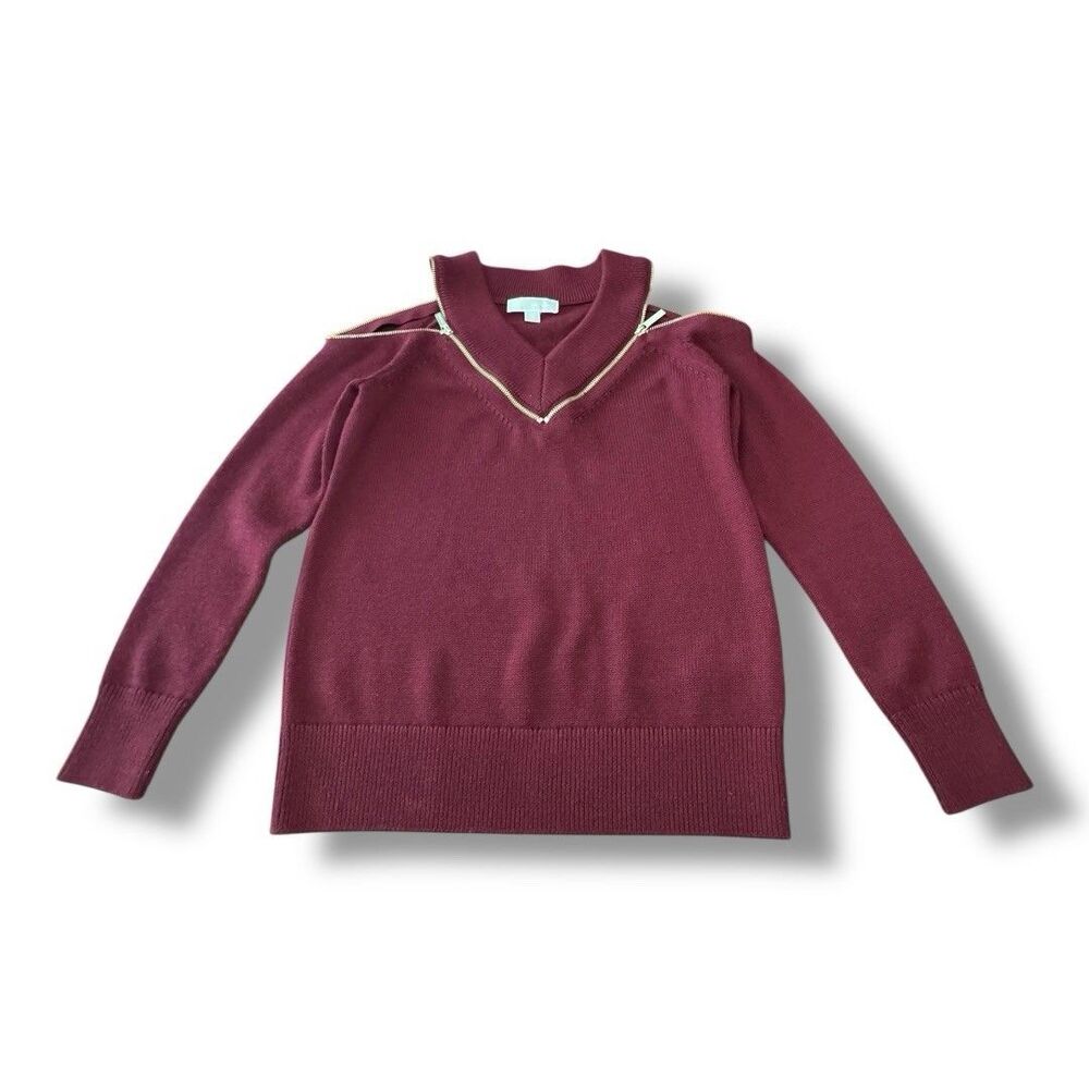 Michael Kors Burgundy V-Neck Sweater Gold Zippers Cut Out Shoulder Women’s XS
